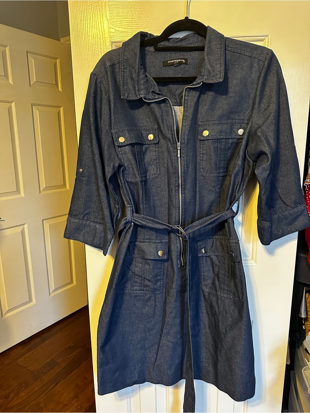 Sharagano Blue Denim Jacket Dress with Silver Zipper